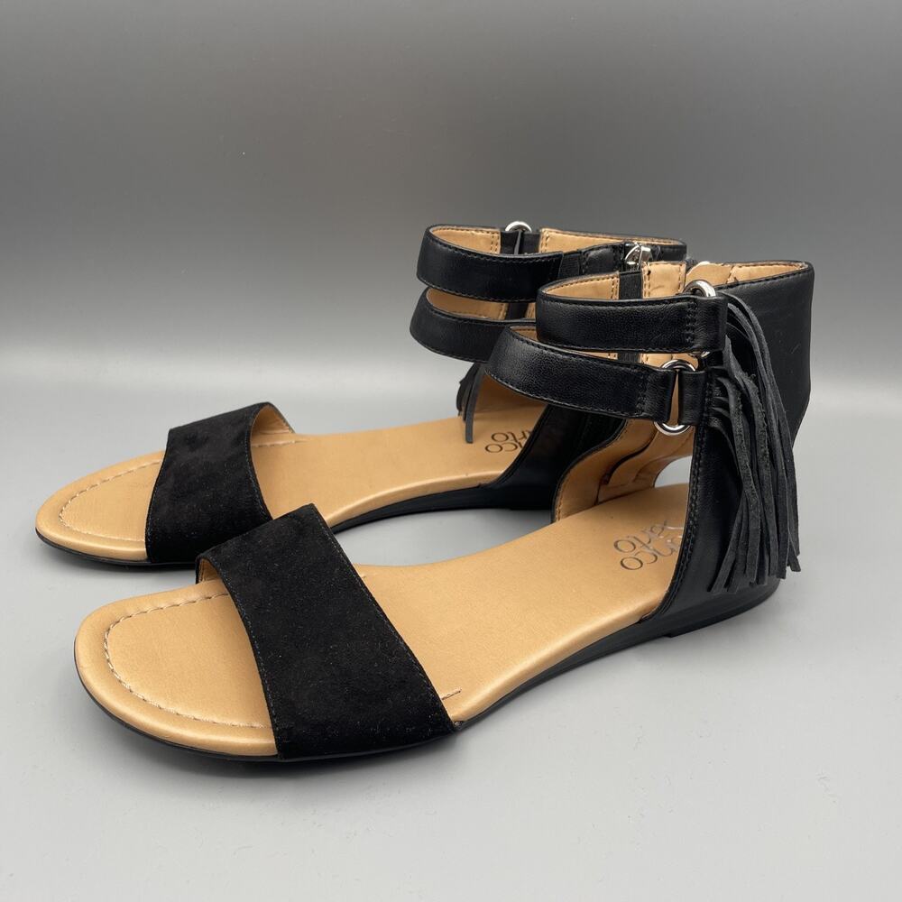 Franco Sarto Sandals Size 8 Black Leather Gladiator Fringed Ankle Strap Open Toe